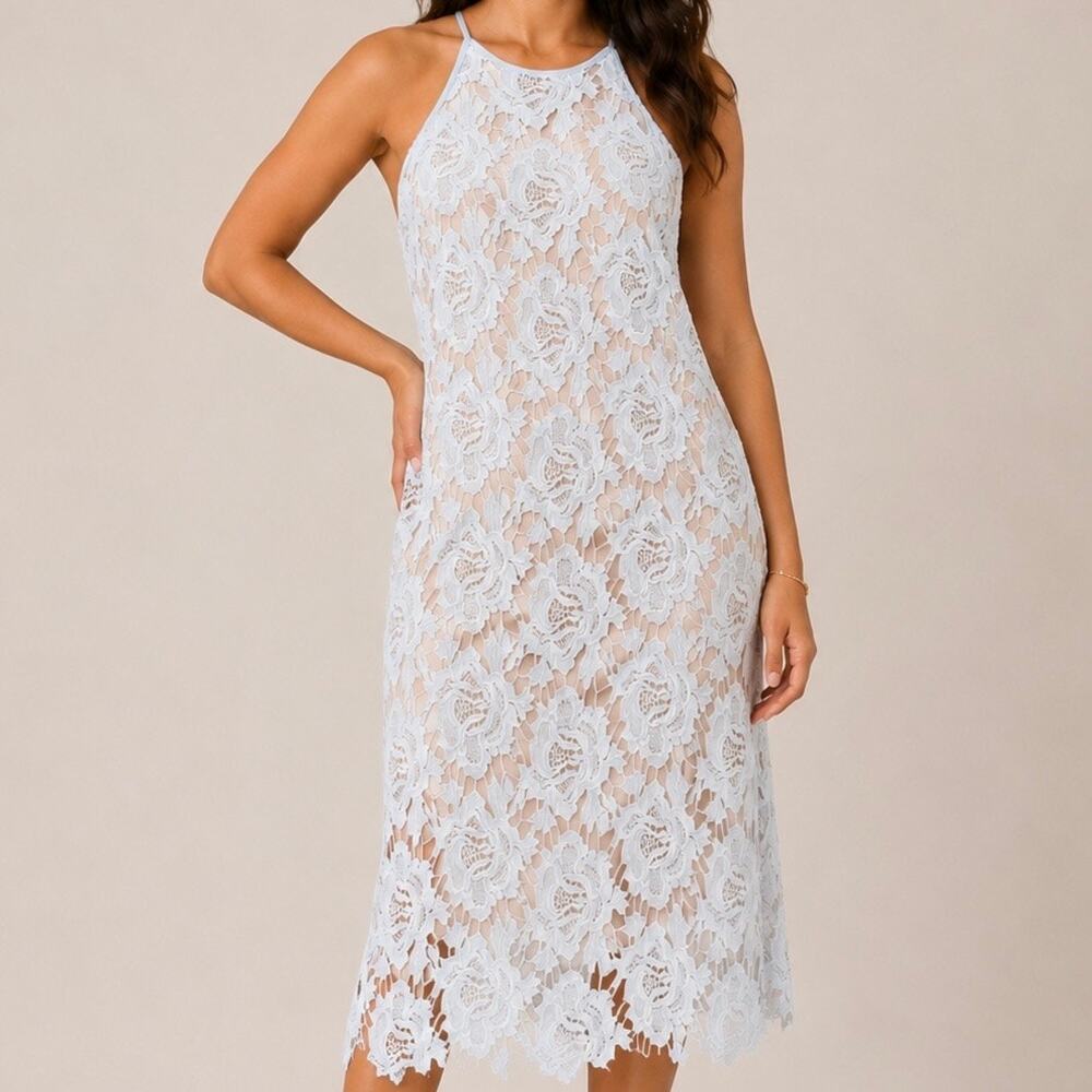 KEEPSAKE | Floral Guipure Lace Overlay Midi Dress Nude Lined Ice Blue | Medium